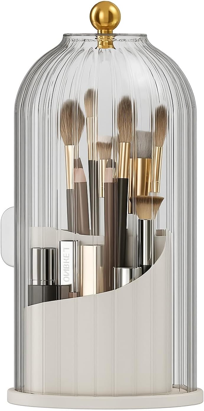 Soko 360° Rotating Makeup Brush Set Holder with Lid, Luxury Cosmetic/Lipstick/Skin Care Products Storage Box, Dustproof Organiser Stand for Desktop, Bathroom, Dressing Table – White