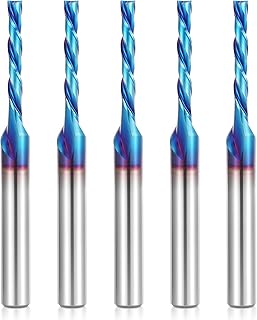 HQMaster 5 Pcs Spiral CNC Router Bits Set Down Cut 1/4” Shank Solid Carbide Spiral Downcut CNC Bits with Nano Blue Coating End Mill for Wood Cut Carving Engraver 1/8" Cutting Dia.