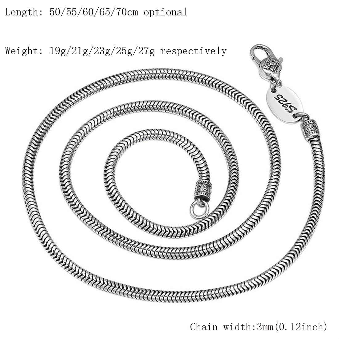 MęSki I Damski S925 Srebrny Naszyjnik Z KośCi WężA, Gotycka Moda Punk Srebrny Naszyjnik,Silver,60cm
