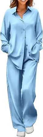 Ekouaer Womens Satin Silky Pajama Set 2 Piece Print PJs Soft Loungewear Button Down Sleepwear with Elastic Waist Long Pants