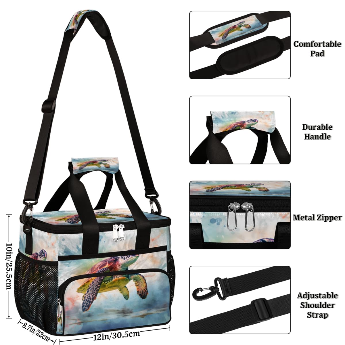 Sea Turtle Insulated Picnic Backpack Lunch Box for Women Men Picnic Basket Tote Lunch Bag Picnic Bag Portable Lunch Bags for Picnic, Beach, Work, Trip,Office, Camp Watercolor Turtle