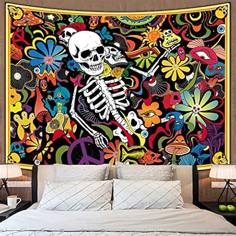 Amonercvita Skull Tapestry Floral Eyes Tapestry Hippie Skeleton Tapestry Funny Flowers Monster Tapestry Wall Hanging for Living Room Cover