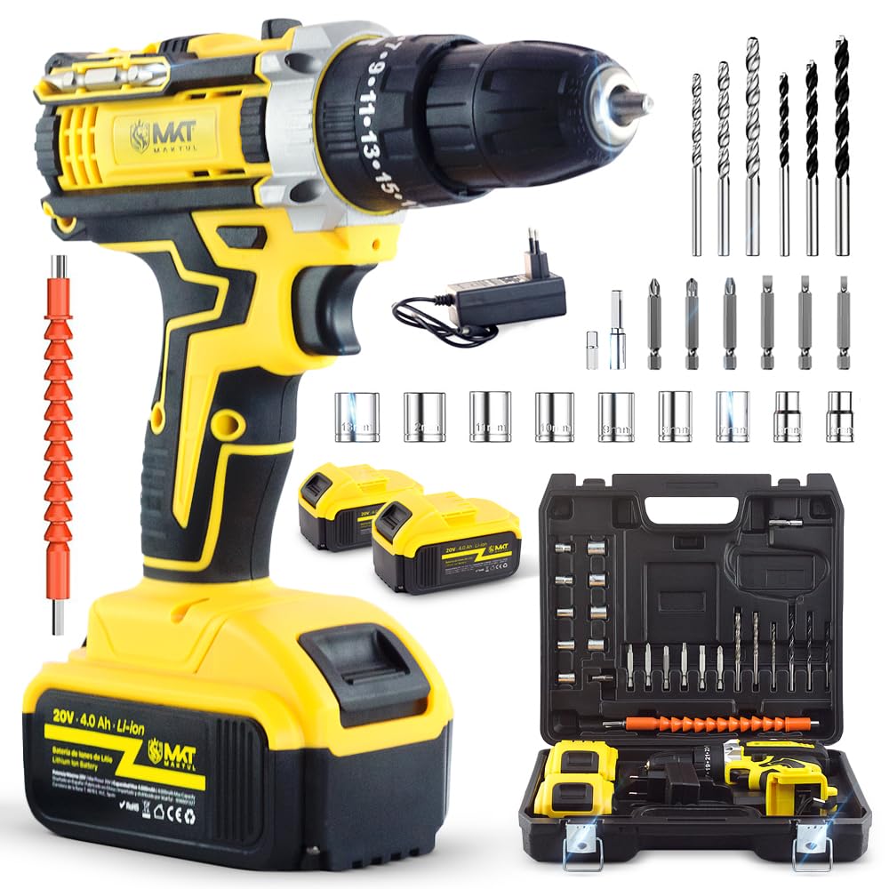 MAKTUL Taladro Percutor a Bateria Potente 2x4000mAh 20V Destornillador Electrico Atornillador Multifunción Inalámbrico con Accesorios Bricolaje 100% Compatible, Luz Nivel Ajuste de Par, 2 Velocidades