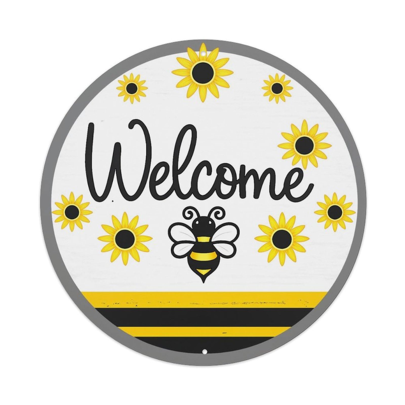 Welcome Bee Sunflower Pattern Print Vintage Round Tin Sign Retro Metal Wall Decor Metal Poster, Home Bar Garage Cafe Wall Art Decoration 8x8Inches