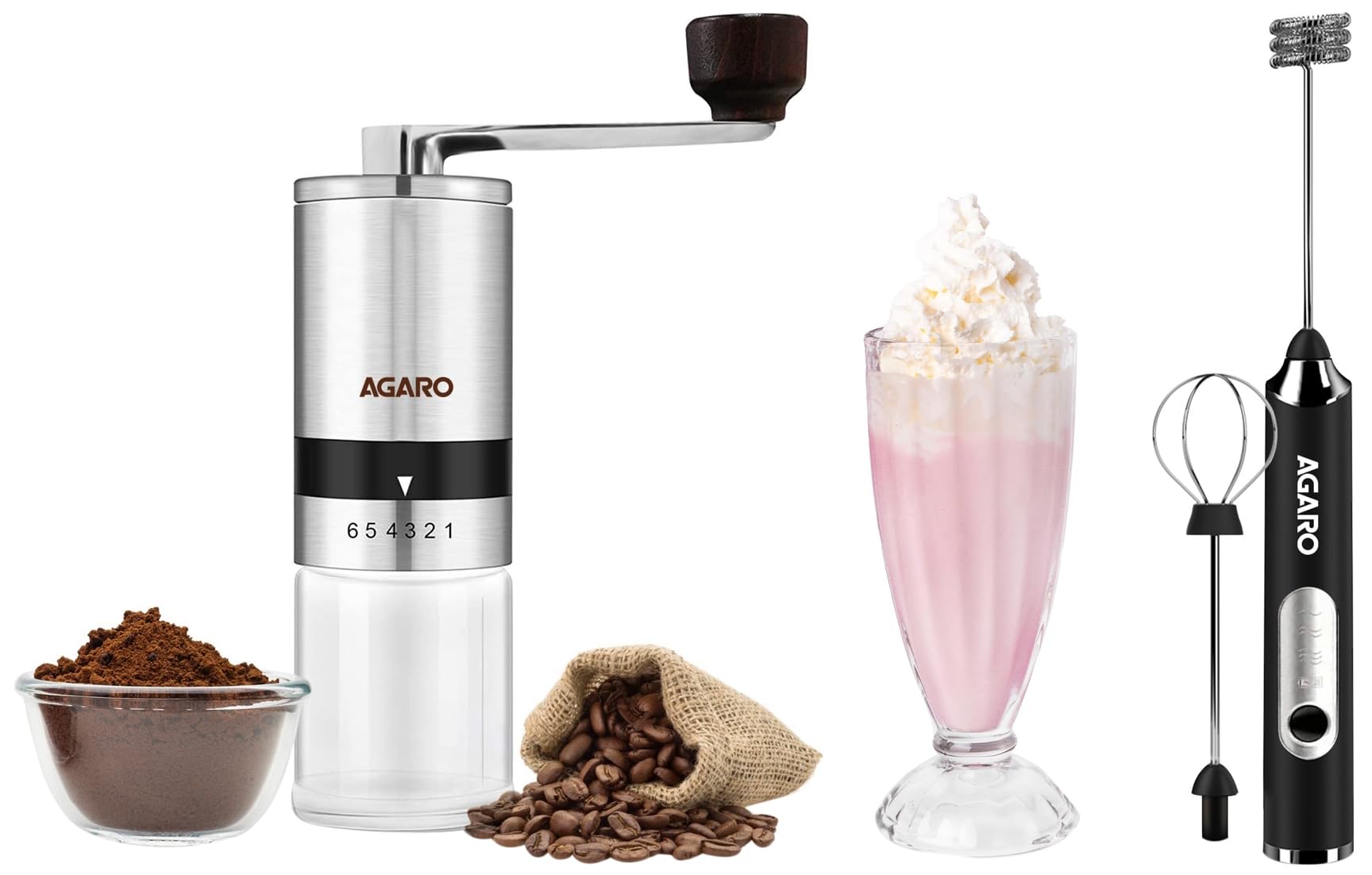 AGARO Elite Coffee Master | Manual Grinder (Premium) + Milk Frother (3-Speed) | Ceramic Burrs | Professional Grade | for Home Baristas | Silver | CE Certified