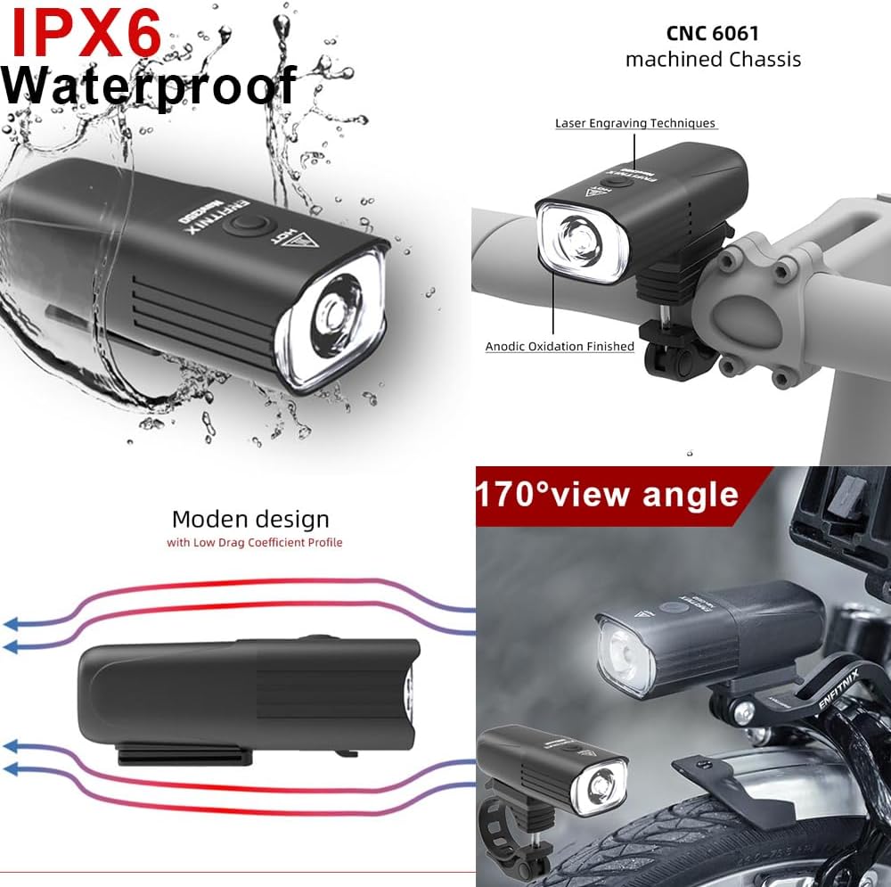 Enfitnix Navi350 Ultra Bright Bike Lights for Night Riding,IPX6 Waterproof,HIGT Beam,Type-C Rechargeable Headlight,3 Light Modes,Bicycle Front Light,Go pro Lightweight Mountain Bicycle Helmet Light.