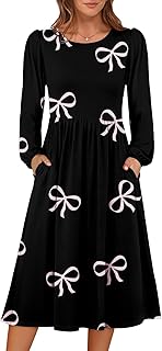 Wedding Guest Dress Long Sleeve Crewneck Dresses for Women 2025 Fall Casual Flowy A-Line Midi Party with Pockets