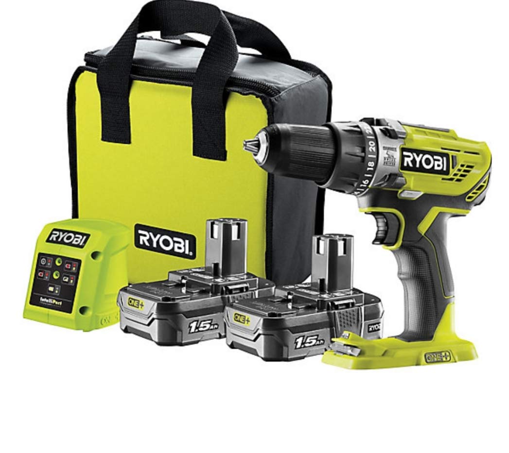 Ryobi Black One18v 1.5Ah Li-Ion Cordless Combi Drill 2 Batteriesr18pd3-215Sk