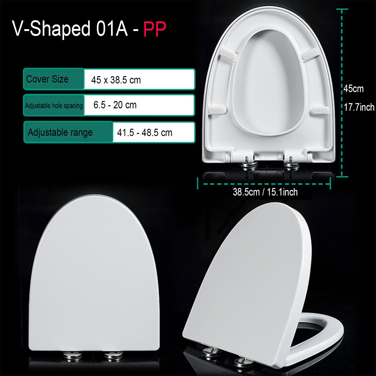 Asiento de inodoro en forma de V de cierre lento, tapa de cierre silencioso, ajuste universal, bisagra ajustable, desmontaje rápido, color blanco 01A (01A)