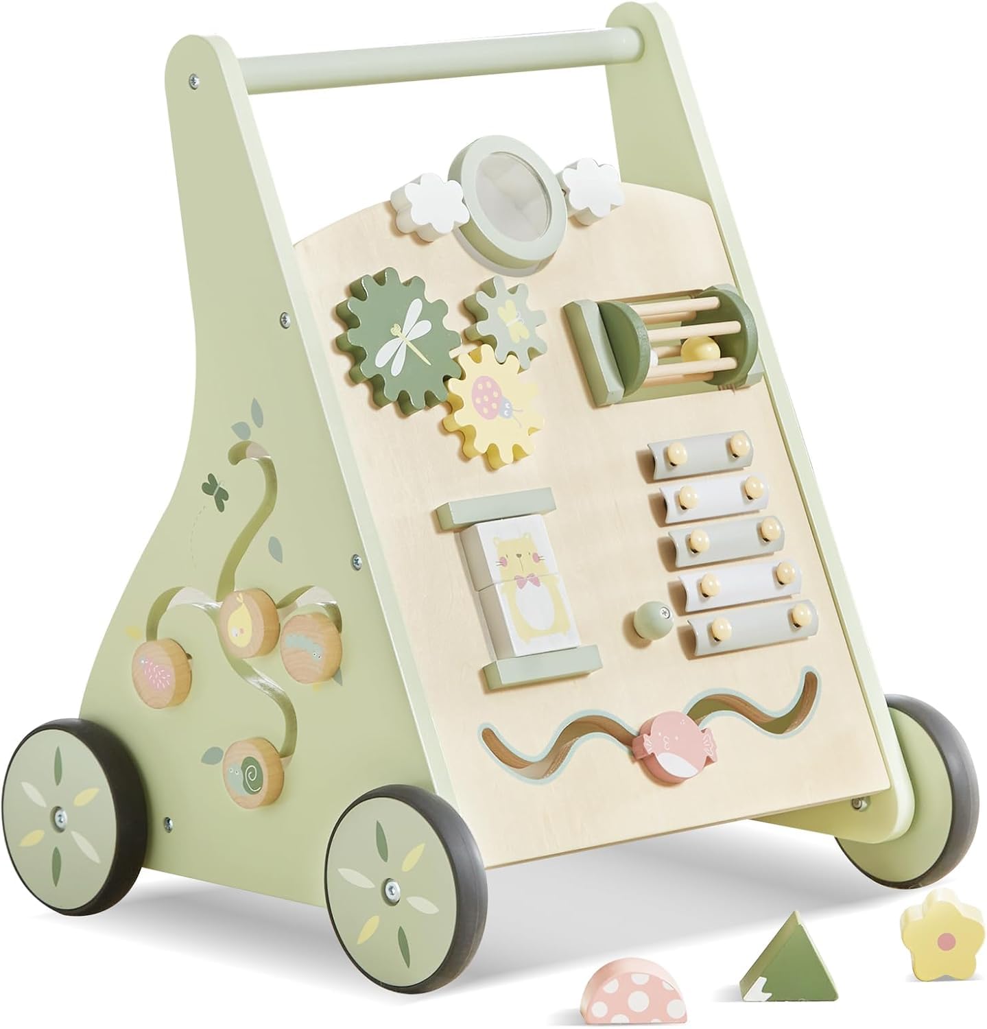 Asweets Andador de Madera para Bebés, Centro de Actividades Múltiples para Niños y Niñas, Juguete Educativo Montessori para Aprender a Sentarse y Pararse de 12 Meses (Verde)
