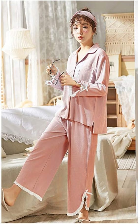 Amazon Hr株式会社 パジャマ ルームウェア レディース 薄手 綿 ｖネックライン 開襟 前開き ストライプ 春 部屋着 寝巻き 長袖 軽量 寝間着 可愛い 肌着 ポケット付き レース フリンジ 蝶結び フリル 彼女 友達 パジャマ ルームウェアセット 通販