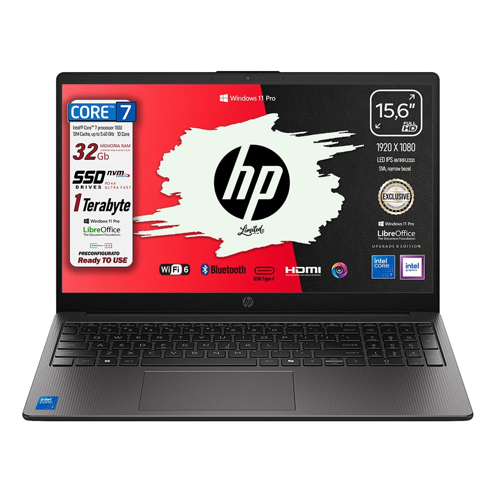 HP 250R G10R Business Edition Notebook, Intel Core 7 150U fino a 5,4 GHz, 10 Core,Ram 32Gb, SSD Pci 1Tb, Display 15.6" FHD Antiriflesso, Win 11 Pro 64 Bit, USB Type-C, Ready to Use, Garanzia Italia