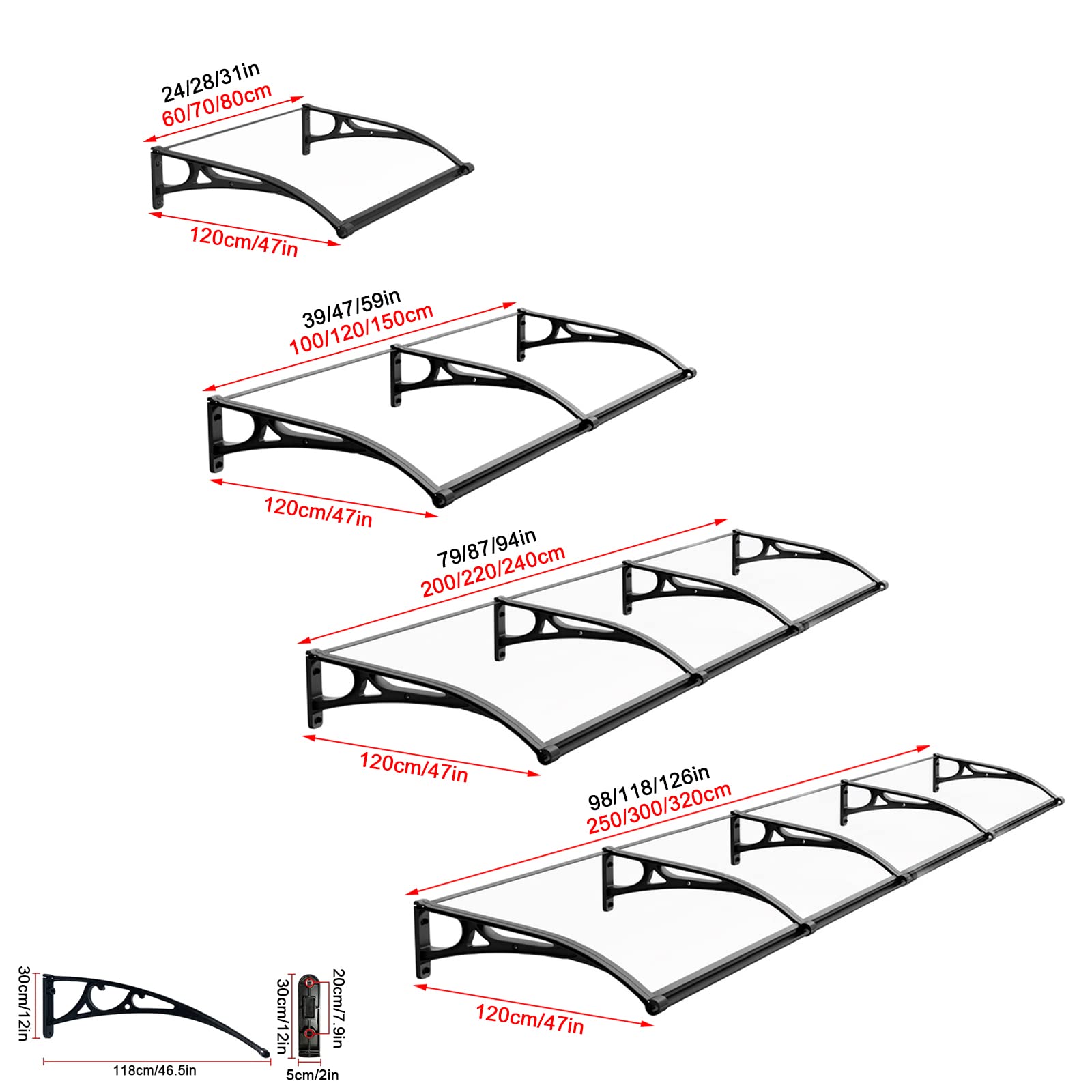 Vordach für Haustür mit Großem Waschbecken aus Aluminiumlegierung,Haustürvordach Fenstermarkise,Polycarbonat Rundbogenvordach,Beidseitiger Abfluss,für Balkon-Traufe-Garten (120x320cm/47 x126)