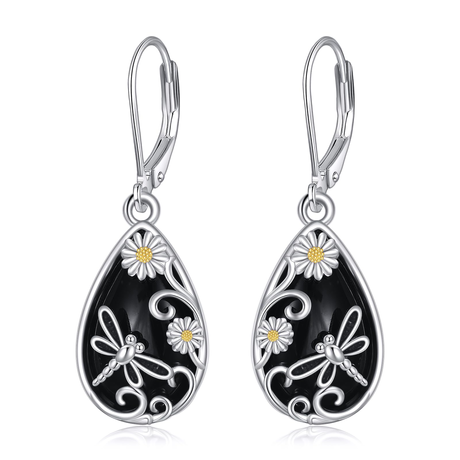 Boucles d'oreilles libellule argent 925 anti-allergie avec obsidienne YAFEINI - 7