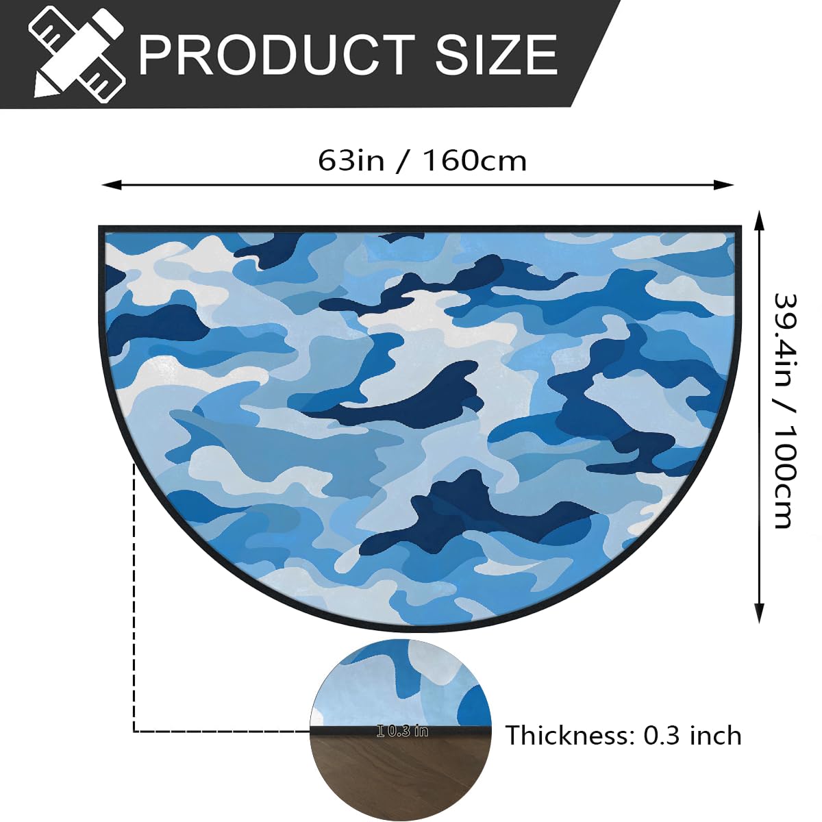 Mexpekil Paillasson demi-lune bleu clair camouflage pour intérieur et extérieur - Demi cercle - Absorbant - Demi cercle - Attrape la saleté - 100 x 160 cm