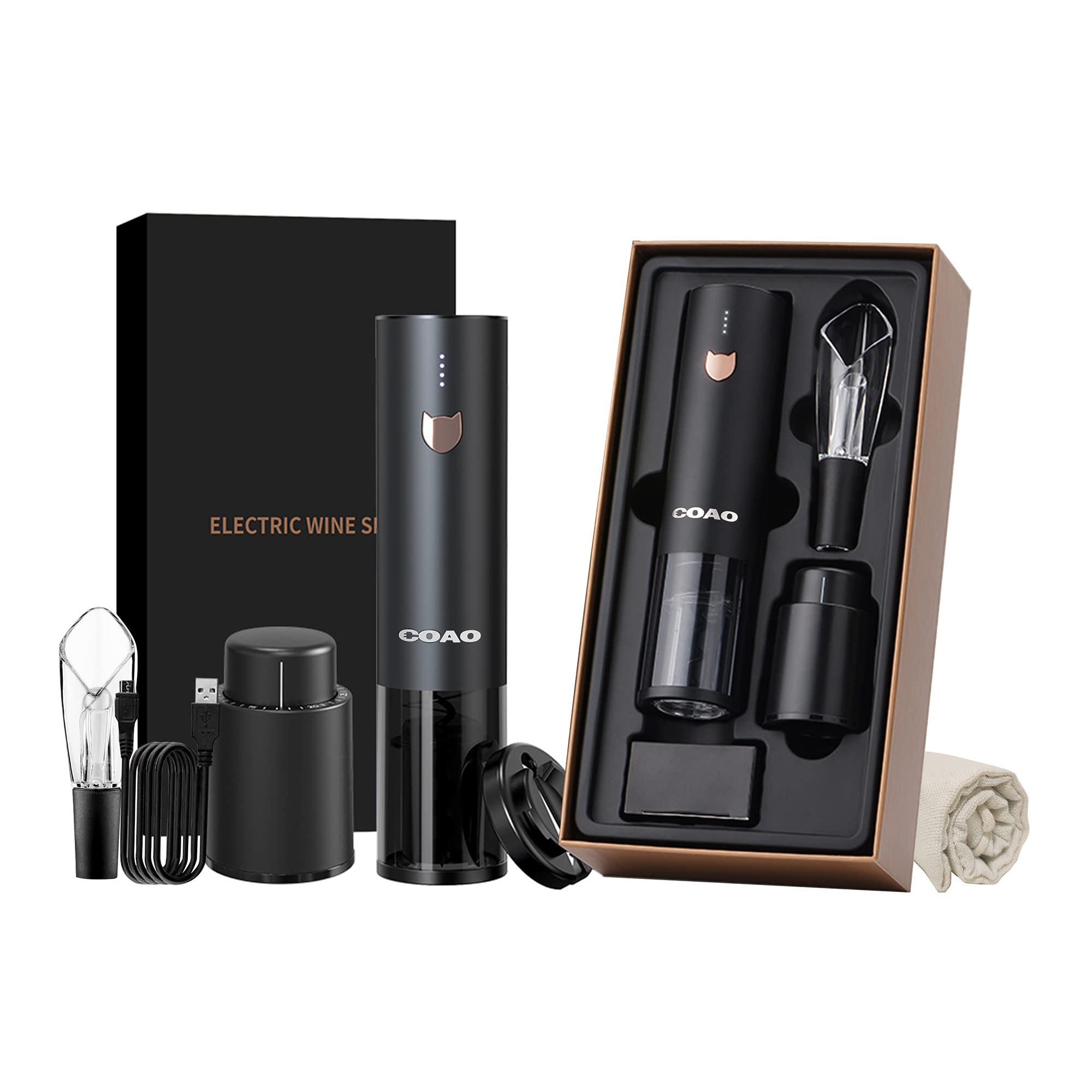 COAO Electric Wine Opener Set-Rechargeable Automatic Wine Bottle Opener with Vacuum Pump & Reuseable Bottle Stoppers-Wine Aerator Pourer-Foil Cutter-Keep Wine Fresh 7 Days (BLACK, Stainless Steel)