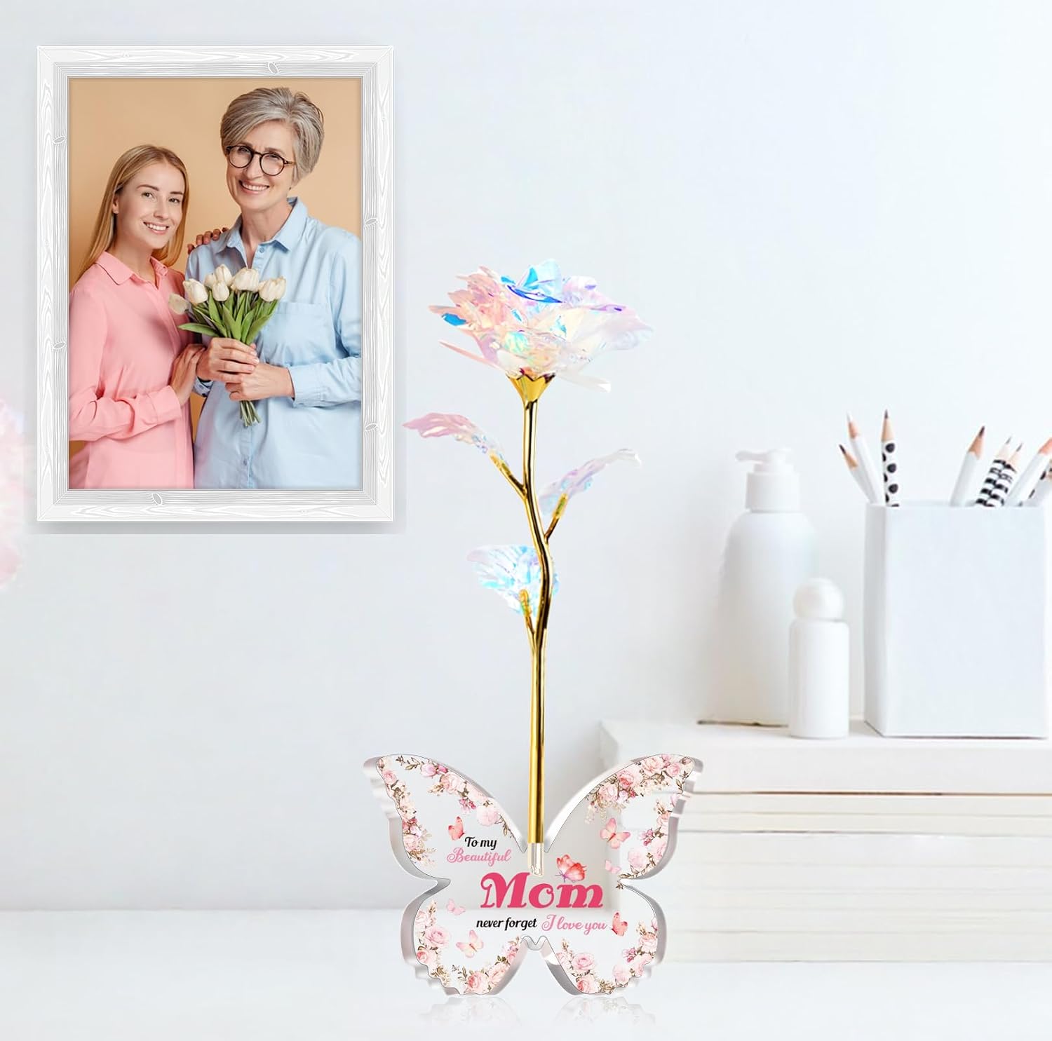 Mothers Day Unique Gifts for Mom Birthday, Pink Preserved Flowers Galaxy Rose with 4.2×3.15 Inch Acrylic Butterfly Stand-Delicate Mom Christmas, Valentines, from Daughter Son image 5