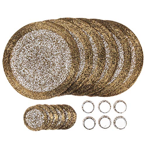 Penguin Home Handcrafted Glass Beaded Round Placemats, Coasters & Napkin Rings Set of 18