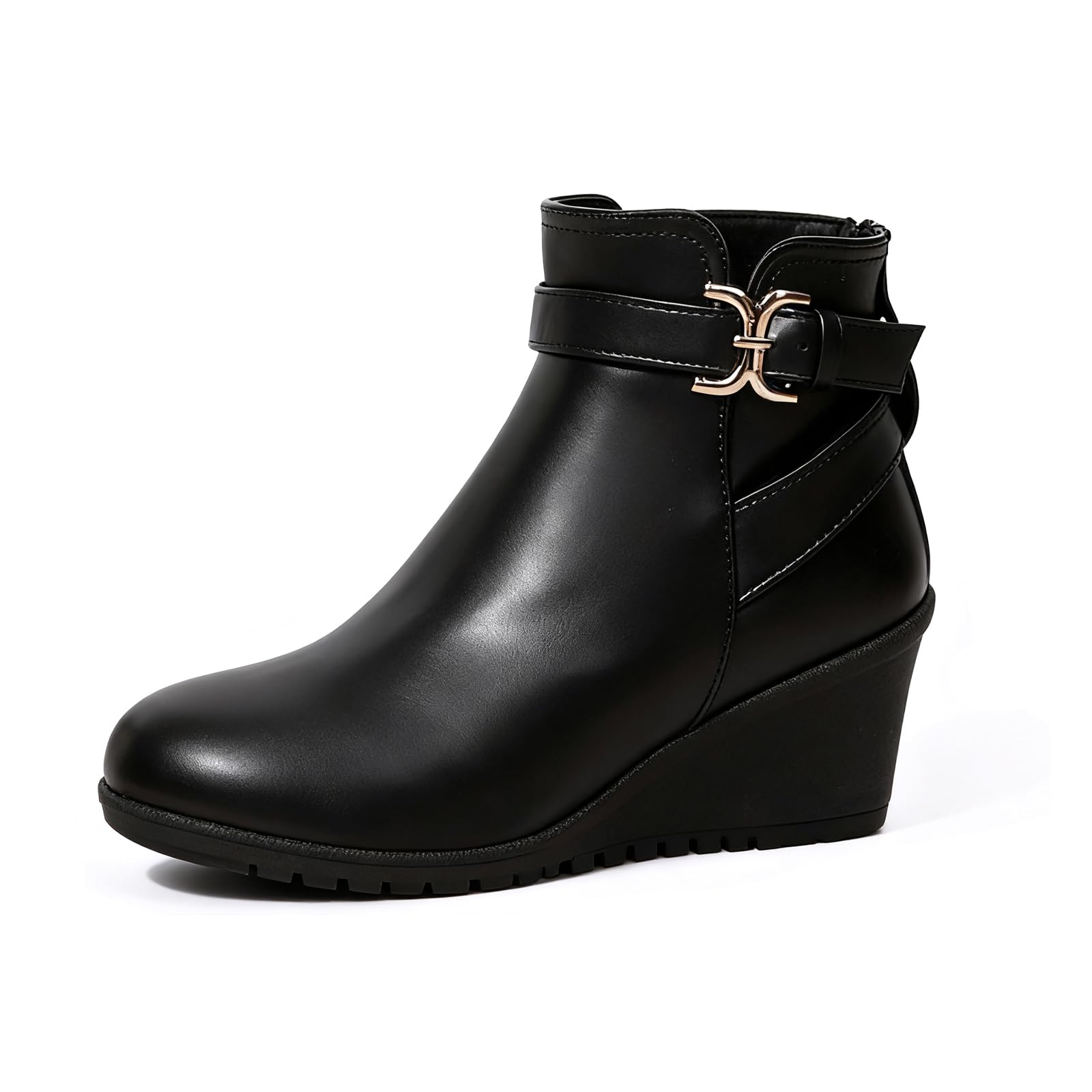 Womens Leather Wedge Ankle Boots with Side Zipper Fashion Metal Buckle Decor Comfortable Round Toe Anti-slip Platform Booties
