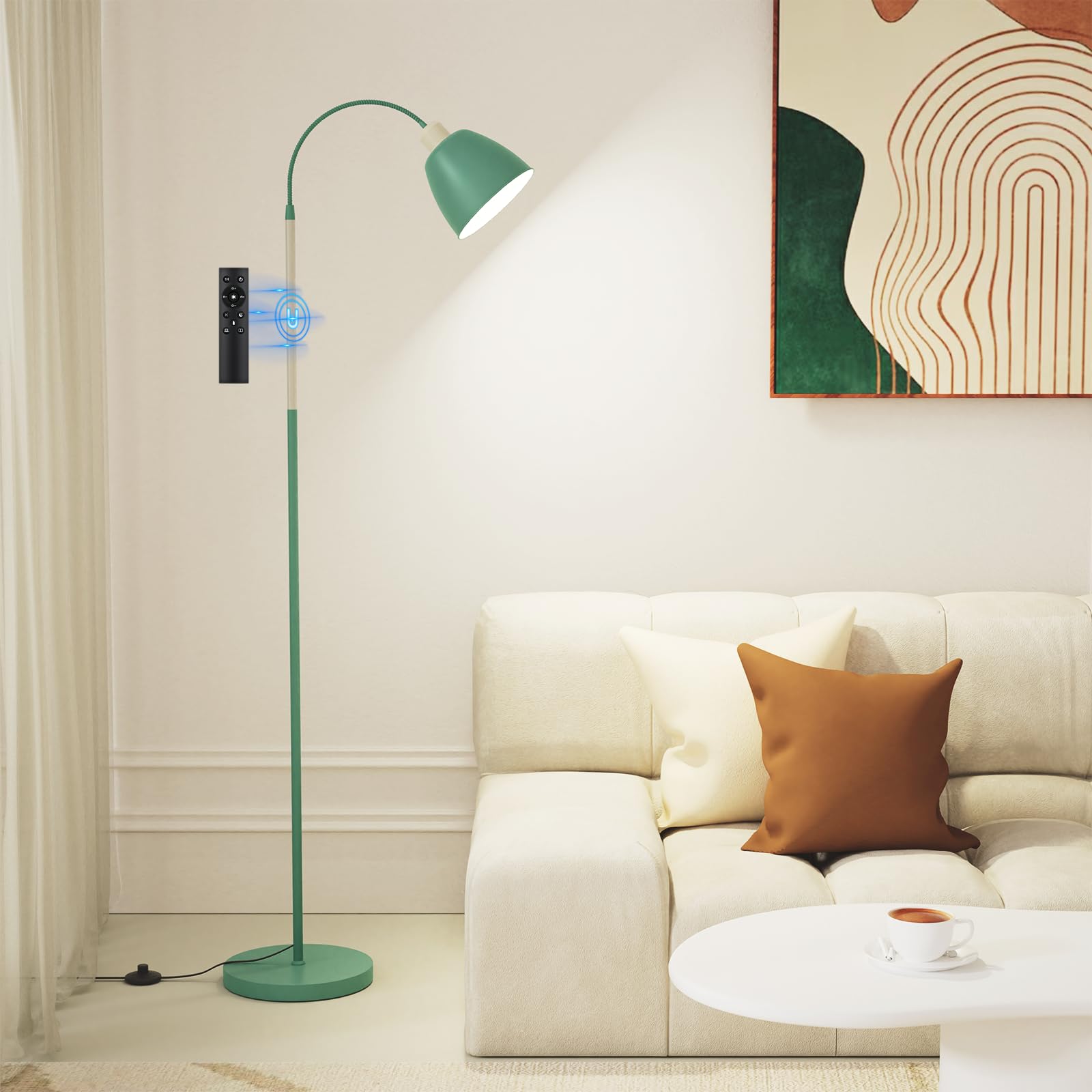 SIBRILLE E27 Leselampe Stehlampe Wohnzimmer Dimmbar mit Fernbedienung, 3000K-6000K Höhe 168cm Max 60W Deckenfluter Dimmbar Flexibler Schwanenhals Leselampe Mit LED-Lampe(Schalenform)