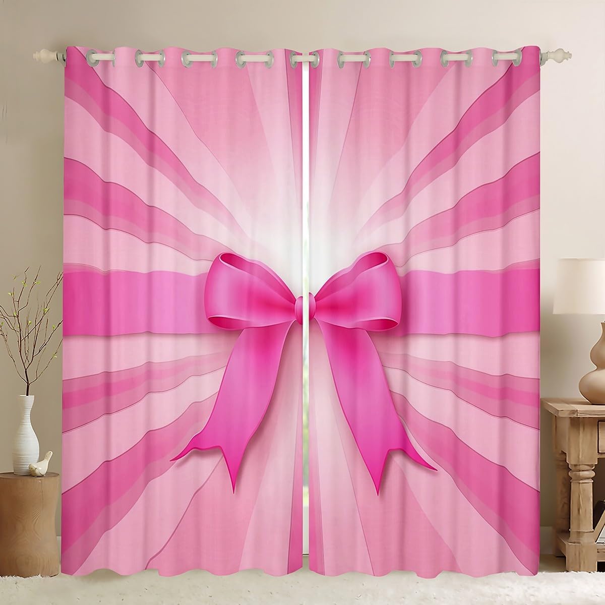 Manfei Bowknot Blackout Curtain Black Pink Bow Tie Window Drapes for Kids Girls Princess Room Decor, White Dots Print Window Treatments, Grommet Top 2 Panel Set Bedroom Curtains, 38Wx54L inch