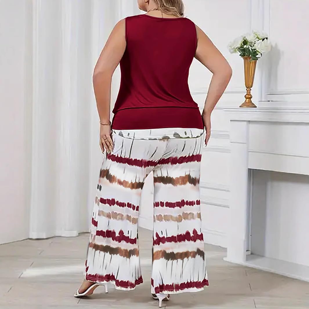 Plus Size Womens 2 Piece Outfits Dressy Elegant Sleevess V Neck Knit Top Print Wide Leg Pant Sets Travel Lounge