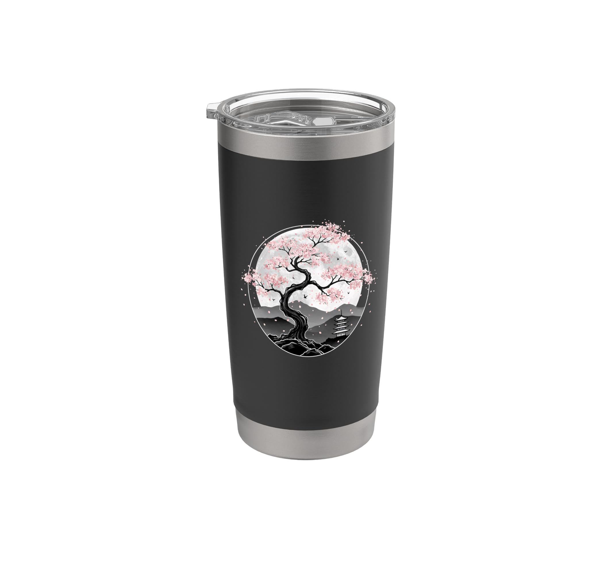 Under Moon, Sakura Flowering Tree Zen Tree Circle Art Stainless Steel Insulated Tumbler