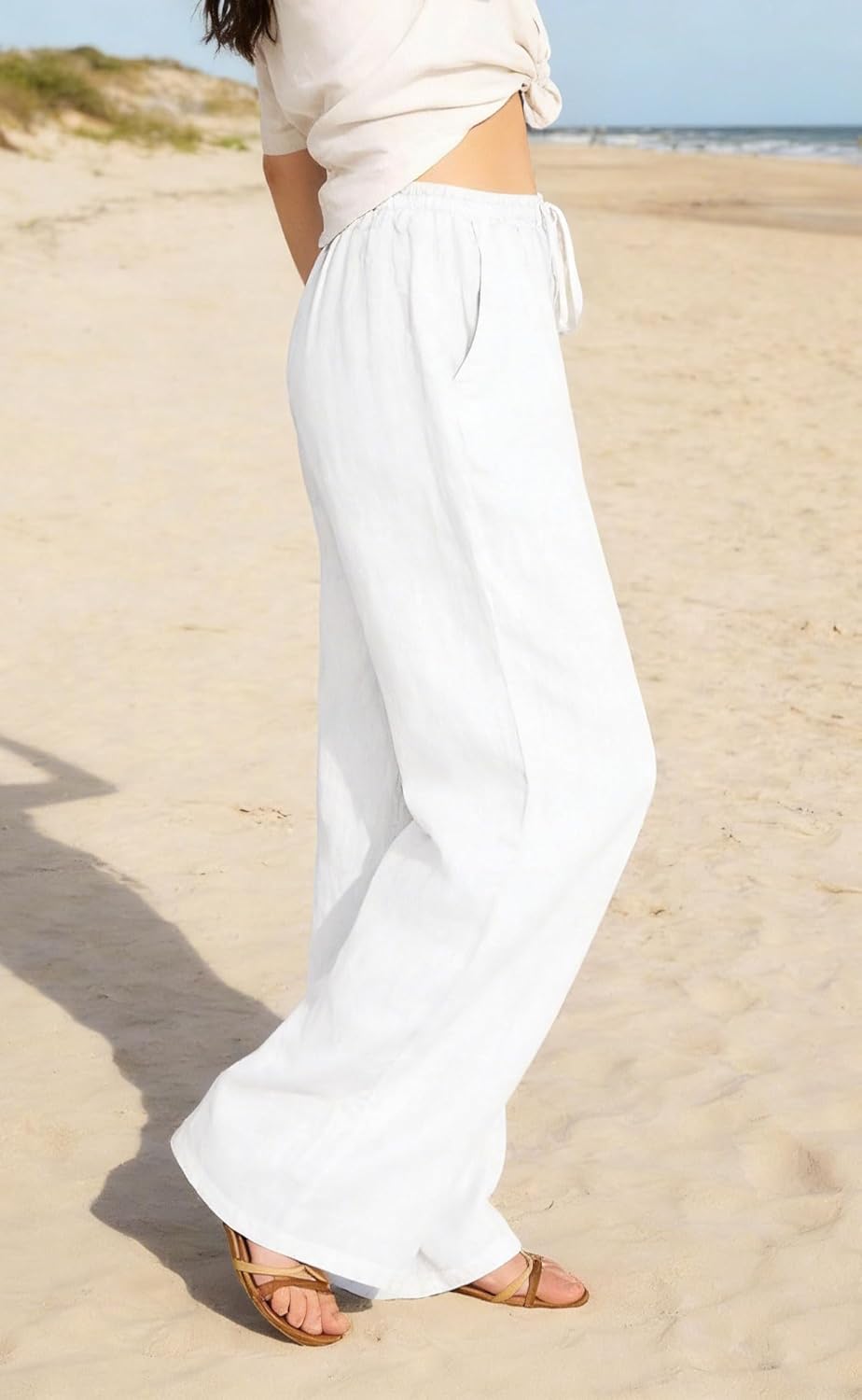 CHARTOU Women's Summer Drawstring Waist Wide Leg Loose Cotton Linen Palazzo Pants - Image 6