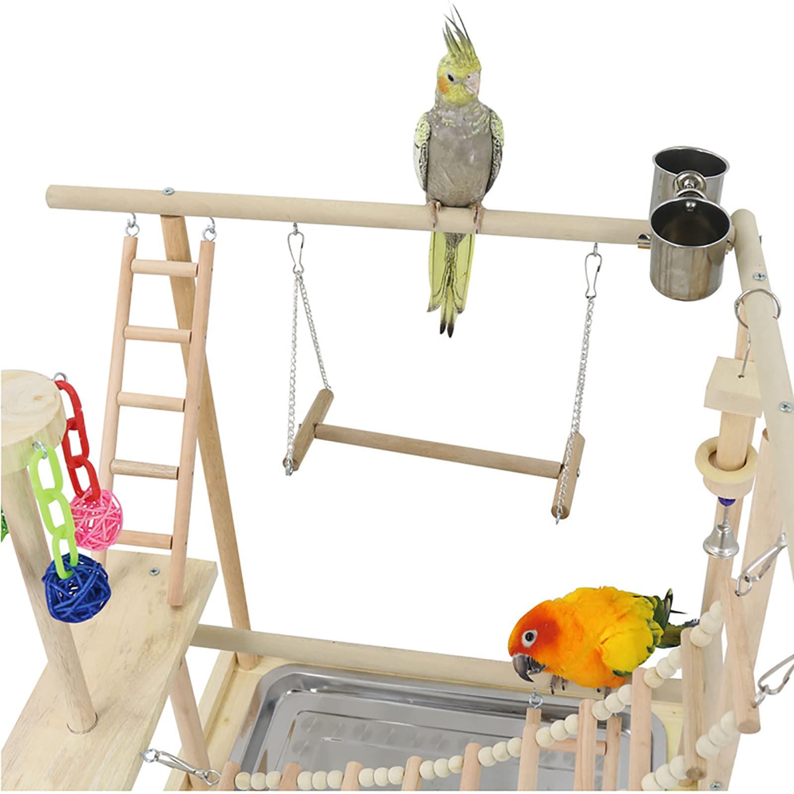 Pappagallo Playstand, Palestra gioco per uccelli, scaletta in legno, giocattolo da masticare con ciotole, centro esercizi per calopsitta