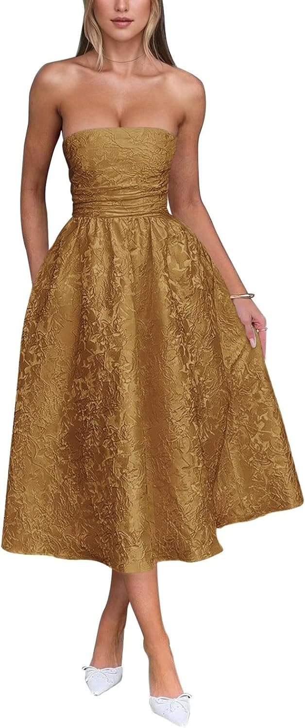 Strapless Floral Satin Jacquard Prom Dresses for Women Corset Tea Length A Line Formal Evening Gowns