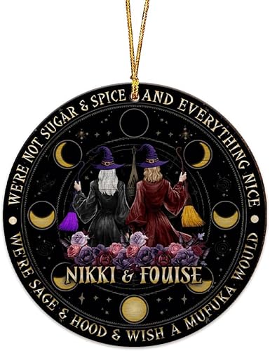 V VIBEPY Adorno de bruja personalizado impreso por todas partes, adorno para mejor amigo, adorno de Halloween, adorno de madera de 2 lados de 3.5