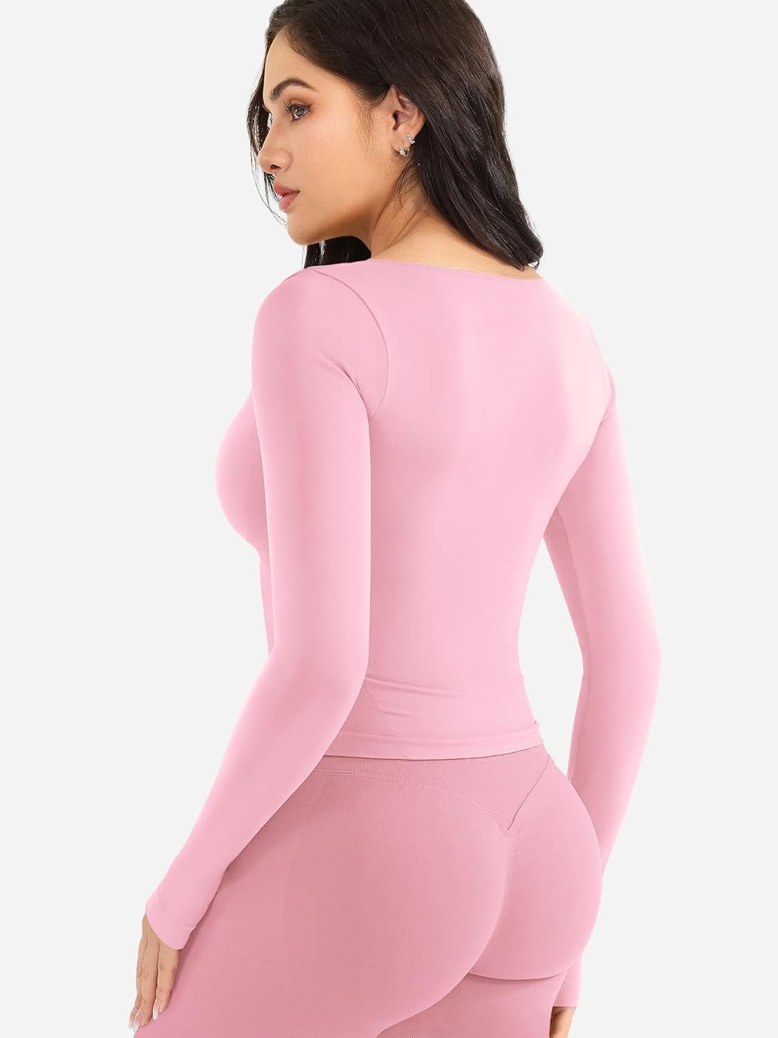 YEOREO Long Sleeve Workout Tops for Women Padded Deep V Neck Double Lined Impact Tops Agniee Slim Fit Gym Athletic Shirts - Image 2