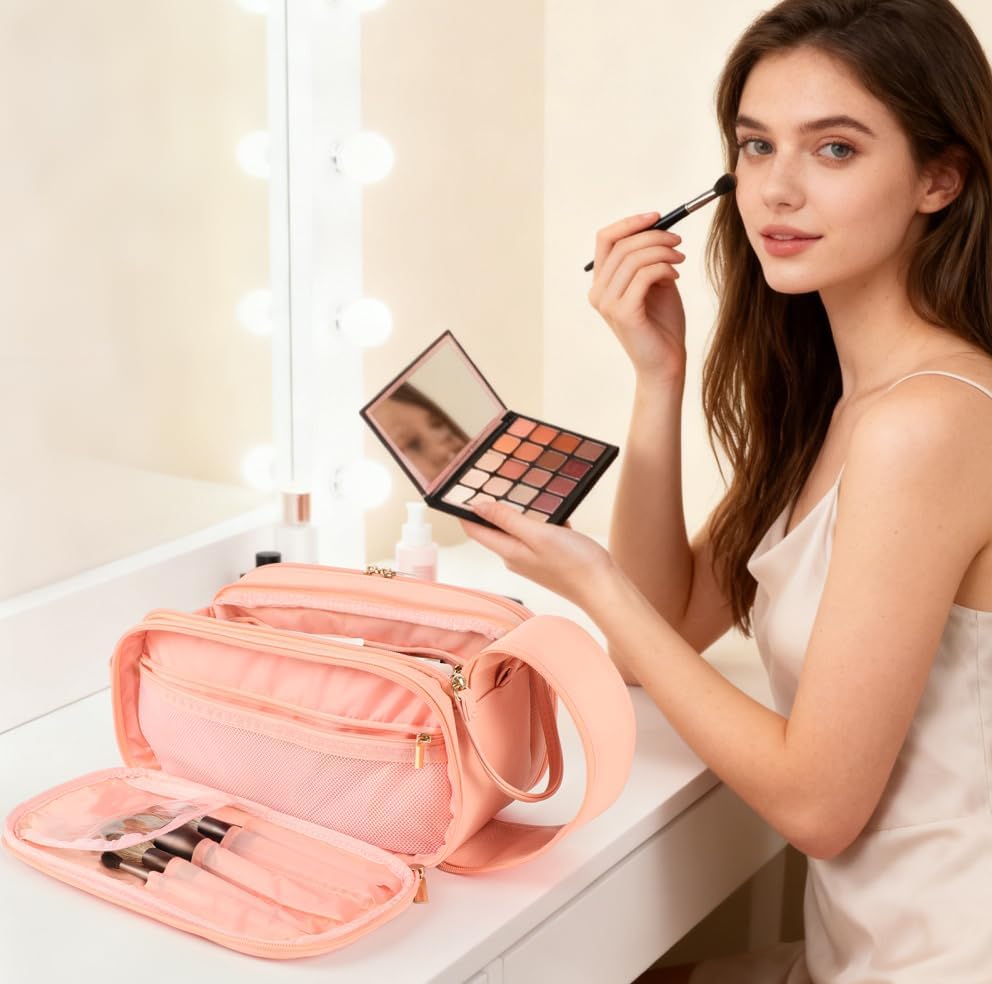 Travel Makeup Bag for Women, Large Capacity Waterproof Cosmetic Bag, Portable Toiletry Bags,Pouch with Divider & Handle - Image 6