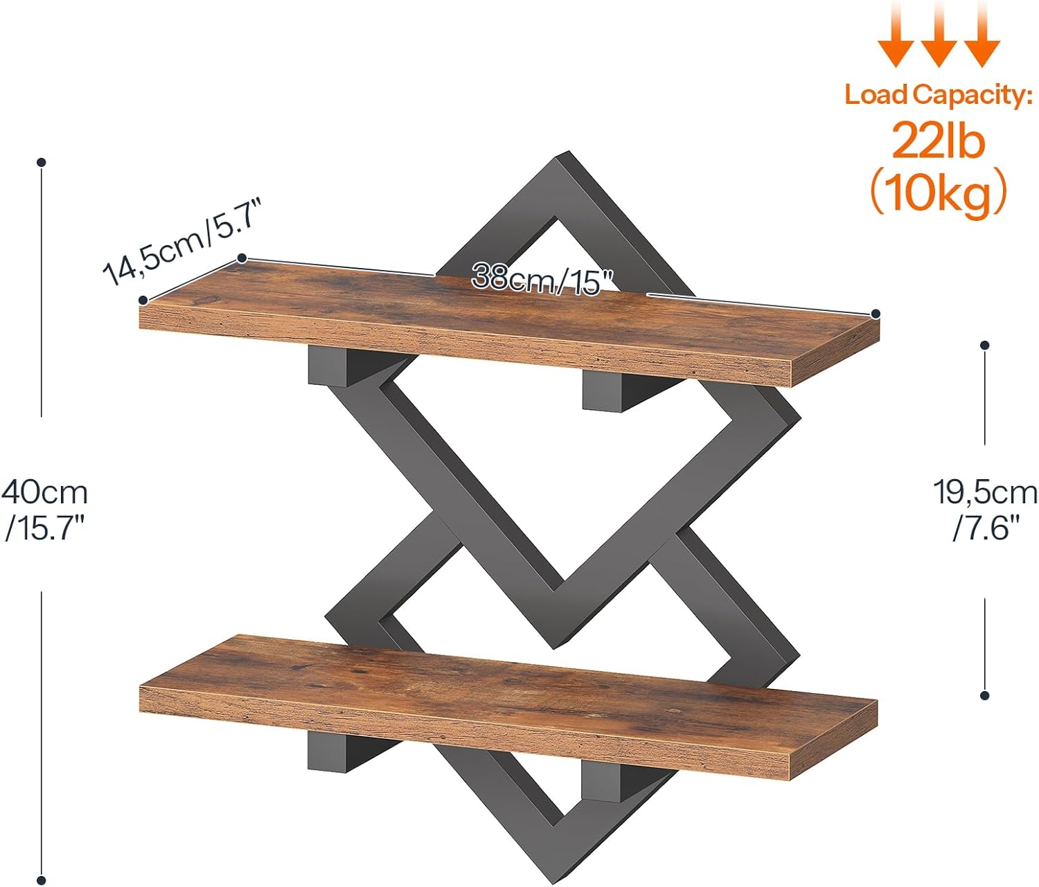 HOOBRO 15" Floating Shelves for Wall, Set of 2 Wall shelf, 2-Tier Hanging Shelves, Wall Mounted Storage Shelf, Display Rack, for Living Room Bedroom Kitchen Bathroom, Rustic Brown and Black BF14BJP201