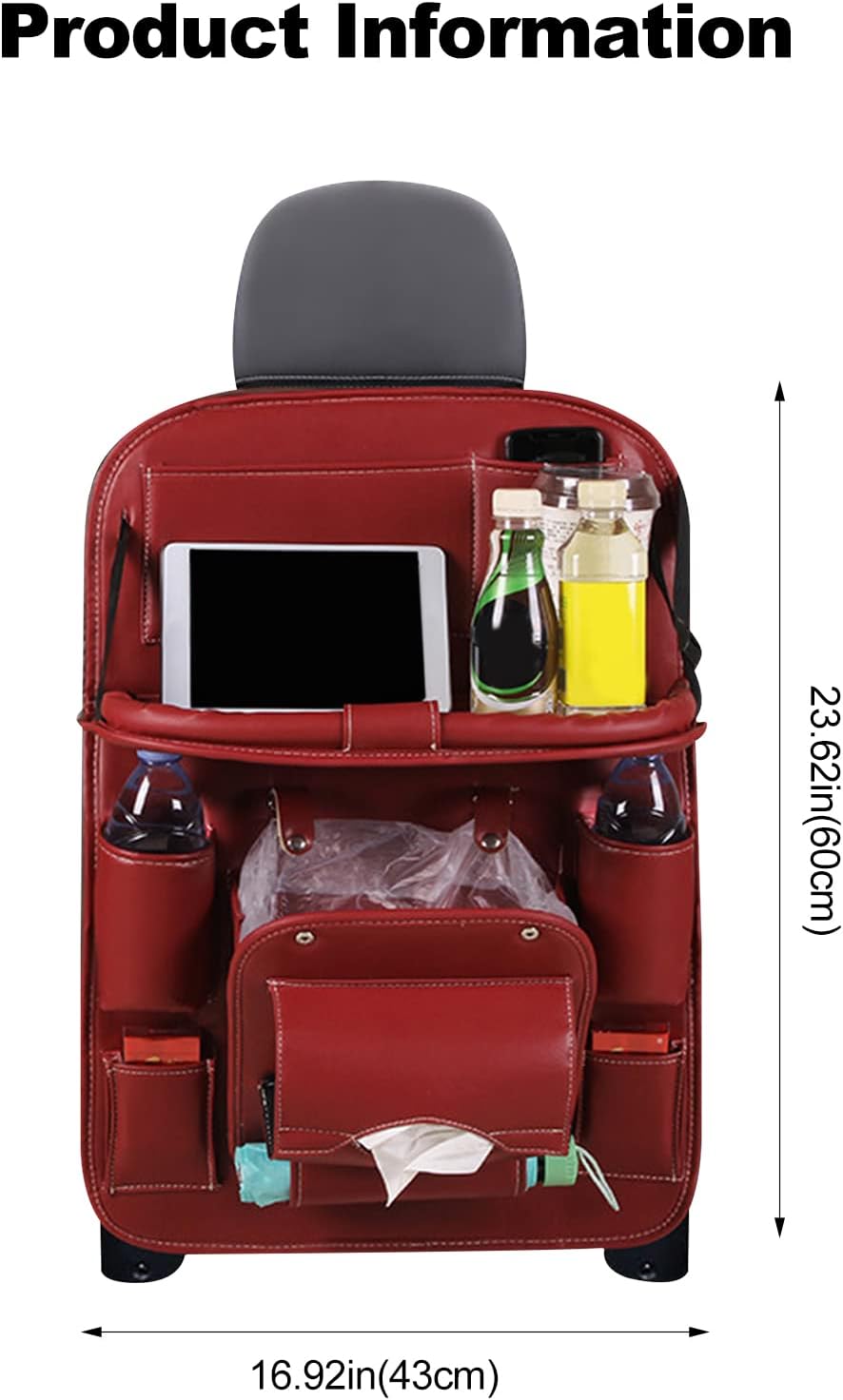 Waterproof Leather Car Seat Organizer with Foldable Table & Kick Mats | Backseat Protector Storage for Travel, Toys, Books & Drinks(Wine Red)