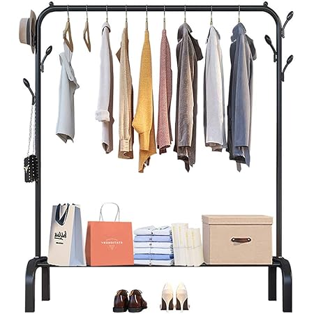 Amazon ハンガーラック頑丈 おしゃれ 衣類収納ラックchengye パイプハンガーラック 洋服コートかけスタンド 幅100 洗濯物干しスタンド 室内 室外フック付き 棚付きバッグ収納 靴収納ラック高耐荷重 簡単組立 日本取扱説明書 黒い ハンガーラック オンライン通販