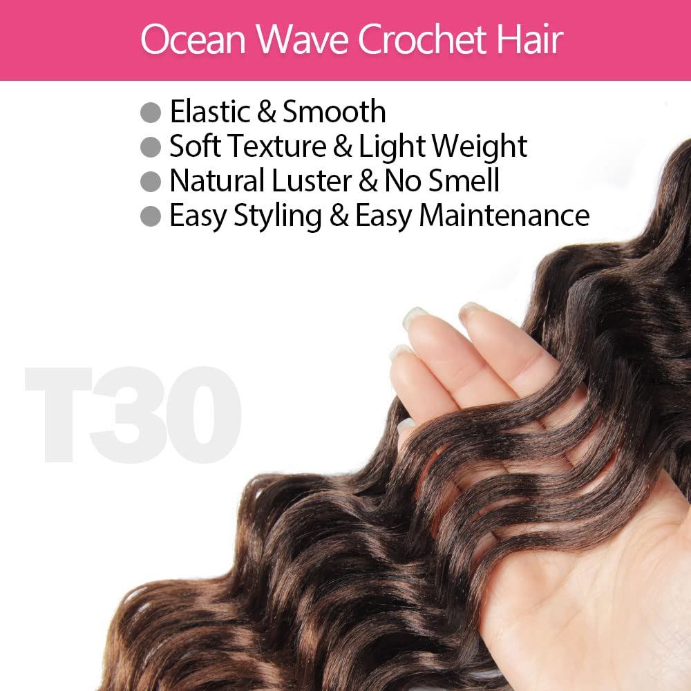 Short Ocean Wave Crochet Hair 9 Inch 8 Packs Deep Wave Crochet Hair Synthetic Wavy Crochet Braids (T30 Ombre Light Brown)