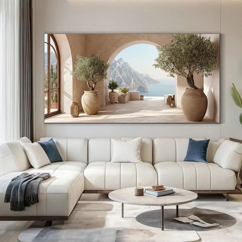 SDVIB Modernes Küstenmotiv mit Meer und Olivenbäumen auf Leinwand – rahmenloser mediterraner Leinwanddruck für die Wohnzimmerdekoration (90 x 180 cm/rahmenlos)
