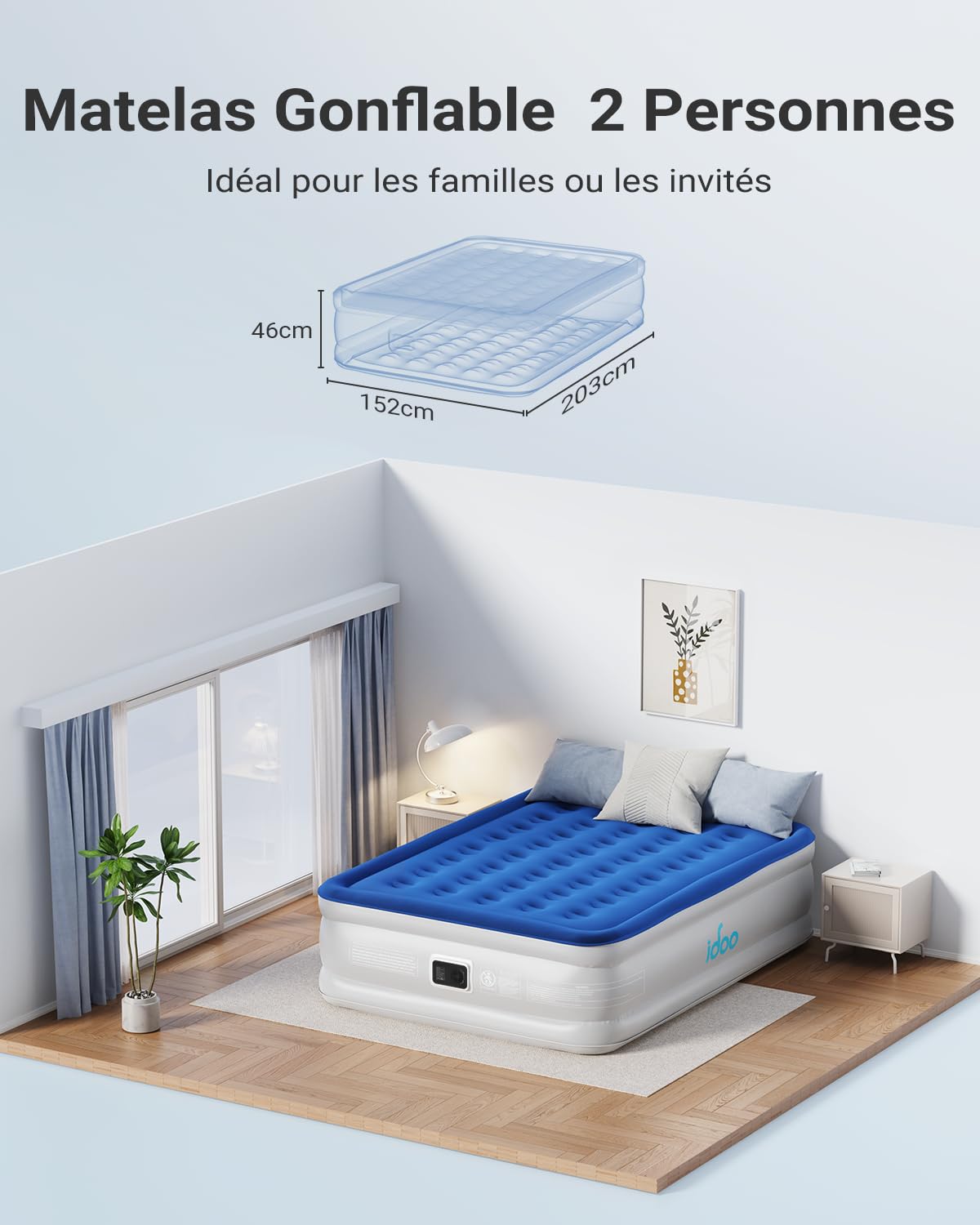 iDOO Matelas Gonflable 2 Personnes, Lit Gonflable avec Pompe Intégrée, Gonflage Rapide en 3 Minutes, Lit D'appoint Doux et Confortable, Matelas Pneumatiques pour Maison et Camping-152x203x46cm