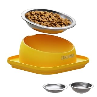 Tilted Cat Food Bowls, Cat Feeding Dishes Whisker Friendly, Slanted Flat Plastic Feeder Elevated Angled Design, 3 in 1 Combined Food Bowls(Yellow)