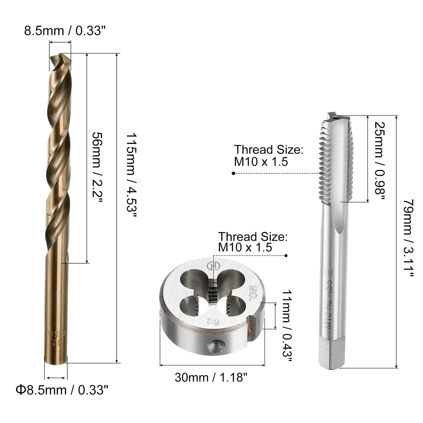 MACHSWON Tap and Die and Drill Bit Set,M10x1.5 Left Hand Thread Milling Tap and Round Die,8.5mm Cobalt High Speed Steel Twist Drill Bit - Image 2