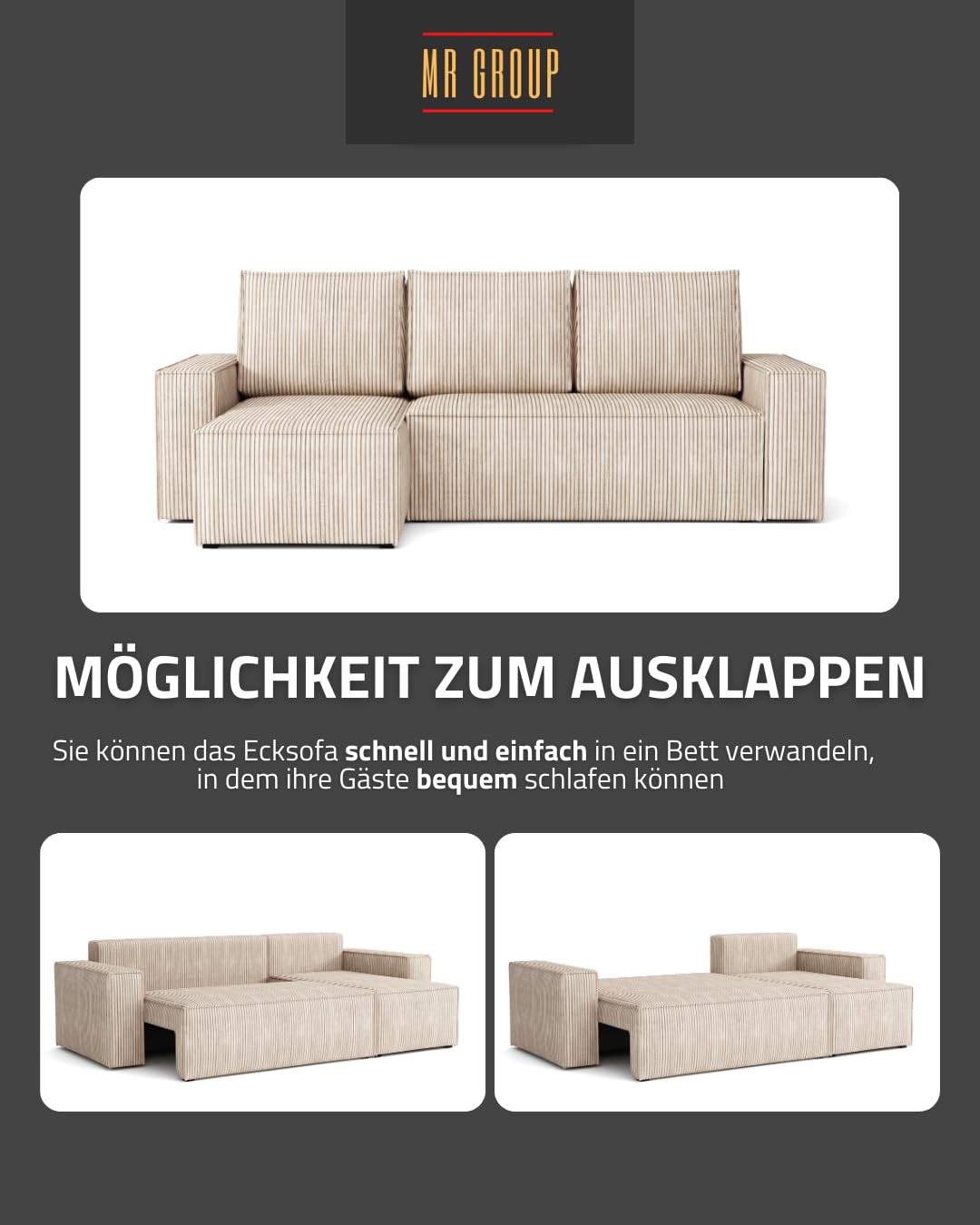 Ecksofa L Form Bergamo 240x142 cm mit Schlaffunktion und Bettkasten Couch Cord Schlafsofa Schlafcouch universale Seite klein Flur Sofa, 3 Sitzer Wohnlanschaft Cornersofa Bettsofa Kissen beige