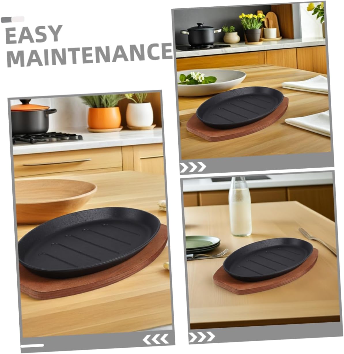 Cast Iron Steak Grill Plate with Wooden Tray 12-Inch Fajita Plate Pan for Barbecue and Home Cooking for Korean BBQ Anti-Scald Protection