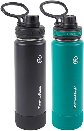 Thermoflask Botellas de agua aisladas de acero inoxidable de 24 onzas, paquete de 2 (negro y verde)