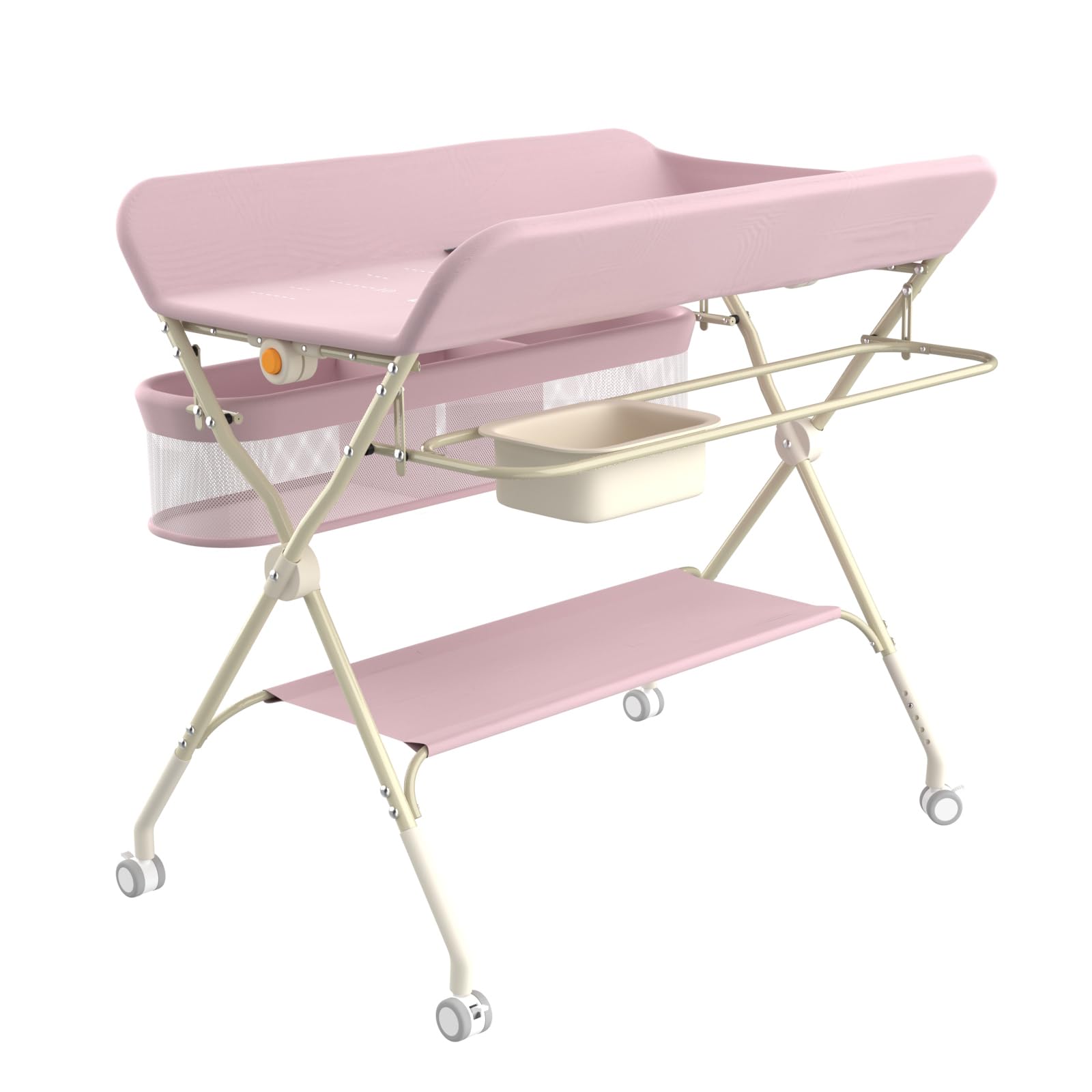 Klappbare Wickelkommode, Baby Wickelkombi, mobiler Wickeltisch mit Wickelauflage und Ablagefächern, platzsparend und stabil,75 x 68 x 83–91 cm (A) (Rosa)