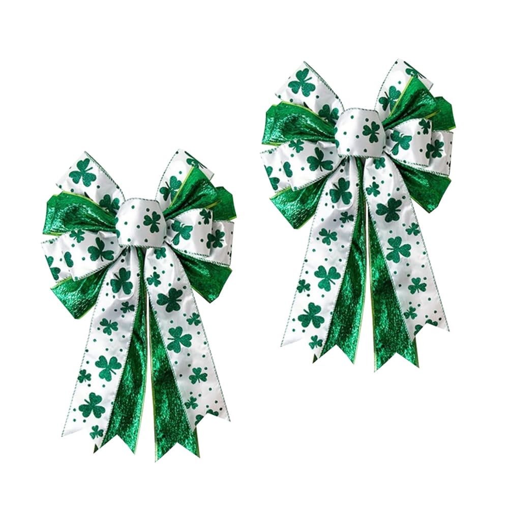 JOYWU Large St. Patrick's Day Bow for Wreath,2 Pcs 50 x 28cm White Green Shamrock Bows,Irish Clover Green Wreath Bows,Sant Patricks Day Tree Topper Bows,Irish St. Patrick's Gift Bows Decor (AA)
