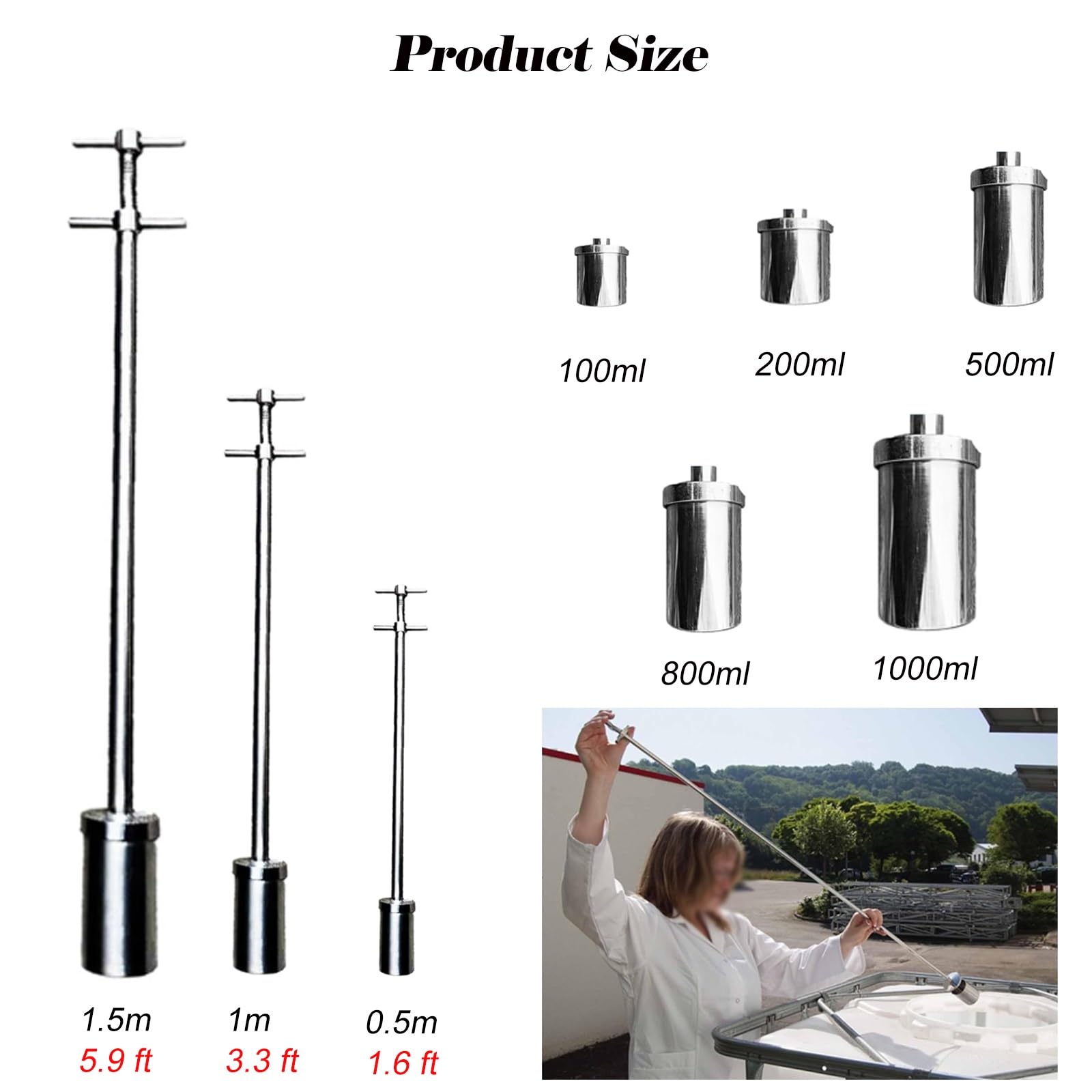MZZKFC 100 200 500 800 1000ml Stainless Steel Liquid Sampler Pole, Water Sampler Cups with Laser Scale, Water Sample Dipper for Swimming Pools/Wellhead & Labs(800ml,3.3 ft)