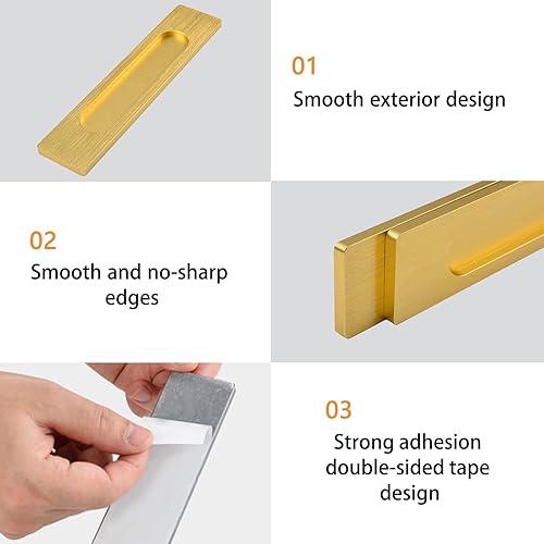 Miniatura 4 de MOROBOR Tiradores rectangulares autoadhesivos, 2 piezas de aleación de aluminio dorado cepillado, sin perforaciones, para puertas corredizas de