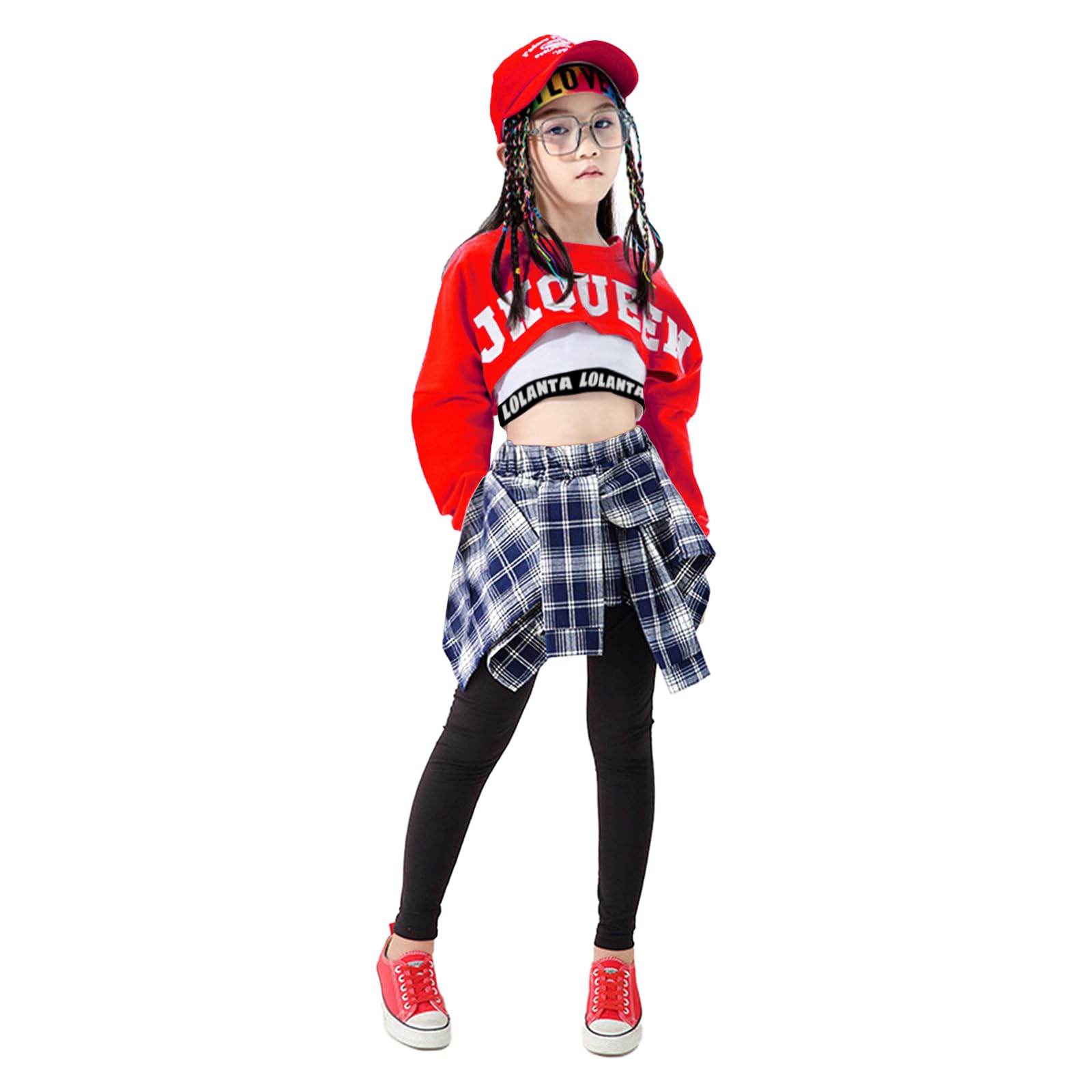 LOLANTA Costume da danza hip hop da bambina, 3 pezzi, con stampa a lettere e top corto a maniche lunghe + culottes pantaloni + gilet