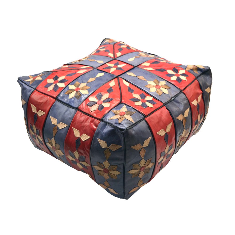 Pouf marocain cuir véritable artisanal rouge haut de gamme repose-pieds salon de luxe